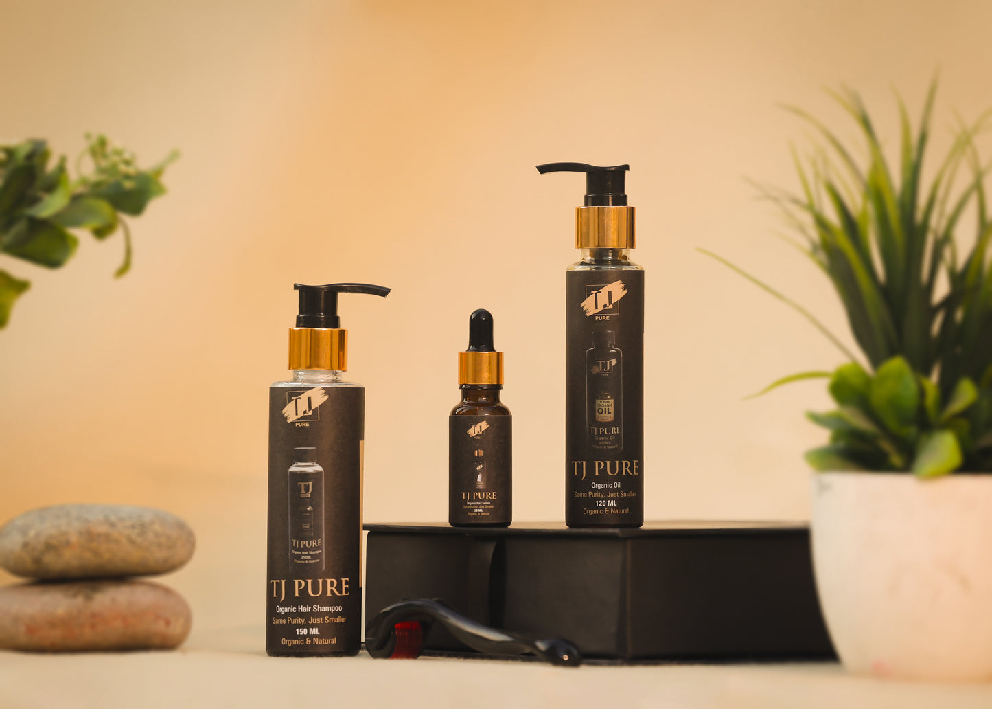 TJ PURE Small Complete Organic Hair Care Kit – Oil, Serum, Shampoo & Derma Roller